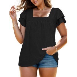 Plus Size Shirts for Women 4X Casual Square Neck Tops Summer Cute Tees Loose Fit Tunics Black