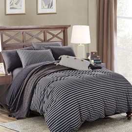 PURE ERA Jersey Knit Duvet Cover Set 100% T-Shirt Cotton Bedding Super Soft Comfortable, Charcoal Grey Stripes Queen, with Zipper Closure (3pc Set, 1 Comforter Cover + 2 Pillow Shams)
