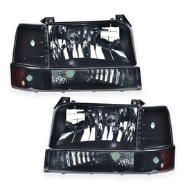 PIT66 Headlights Assembly w/Corner Signal Bumper Lamps, Compatible with 92-96 Ford Bronco/92-96 Ford F150/92-97 Ford F250 F350 F-Super Duty HeadLamps Smoke Lens Black Housing Amber Reflector