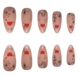 Press on Nails Medium Almond White Lines French Design False Nails Artificial Red Heart Acrylic Nails Valentine's Glitter Sequins Coffin Nails Full Cover Glossy Fake Nails Glue on Nails for Women