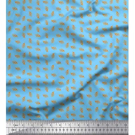 Soimoi Blue Silk Fabric French Horn Musical Instrument Print Fabric by The Yard 42 Inch Wide