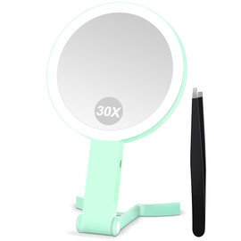 MIYADIVA Magnifying Mirror with Light, Double Sided 30X/1X Lighted Travel Makeup Mirror with Magnification, 3 Color Lighting, Dimmable Touch Screen, Adjustable & Foldable Hand Mirror (Green)