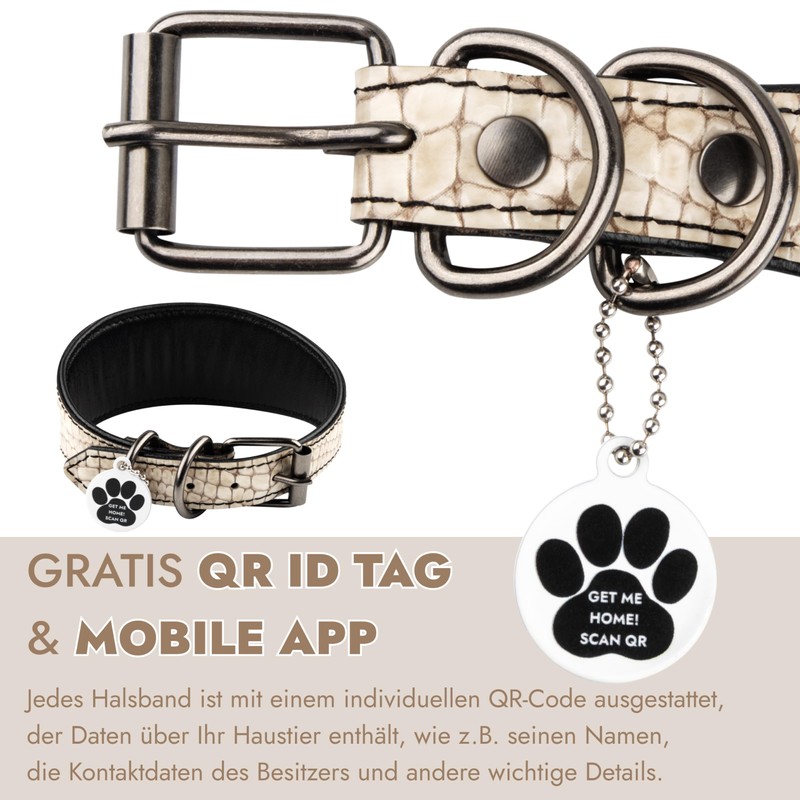 FAVPET Luxury Genuine Leather Greyhound Collar Wide with QR Code