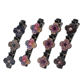 4 Pcs Glittering Crystal Hair Clips Set - Double Layer Elegant Braided Hair Clips with Rhinestone Flowers for Styling Women & Girls