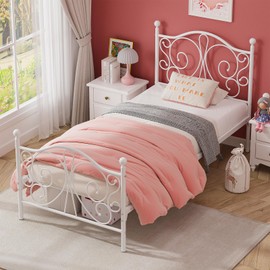 Merronix Twin Bed Frames with Butterfly Pattern Headboard and Footboard，Twin Size Bed Easy Assembly No Box Spring Needed Heavy Duty Metal Platform, White