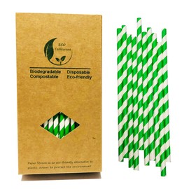 Green and White Striped Paper Straws, 100 Pack Biodegradable Disposable Green and White Stripes Drinking Straws for Christmas Cocktail Party