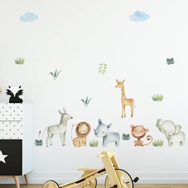ZARROUEA Wall Sticker Nordic Cute Animals Lion Tiger Giraffe Monkey Tropical Animals Rhinoceros Zebra Green Leaf Plant Wall Decoration Modern Art Adhesive Sticker Decor Boy's Room Children's Room