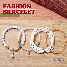 Jovono Boho Beaded Stackable Bracelets Layered Elastic Hand Chain Vintage Colorful Seeds Beads Bracelet Chains Set for Women(8PCS) (White)