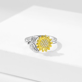 Fryneauy Sunflower Ring Adjustable Anxiety Ring S925 Sterling Silver Creative Relieving Stress Rotating Rings Jewelry for Women