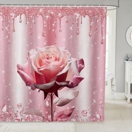 Manfei - Cortinas de ducha de color rosa claro con diamantes de color rosa claro para niños y niñas, cortinas de baño impermeables con 12 ganchos para tina, 72 pulgadas de ancho x 84 pulgadas de largo