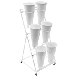 3 Tier 6 Bucket Flower Stand, White Mental Flower Display Stand With Buckets, Heavy Duty Rolling Plant Stand On Wheels, Indoor Outdoor Flower Cart Ladder Shelf For Florist, Garden, Patio, US Stock