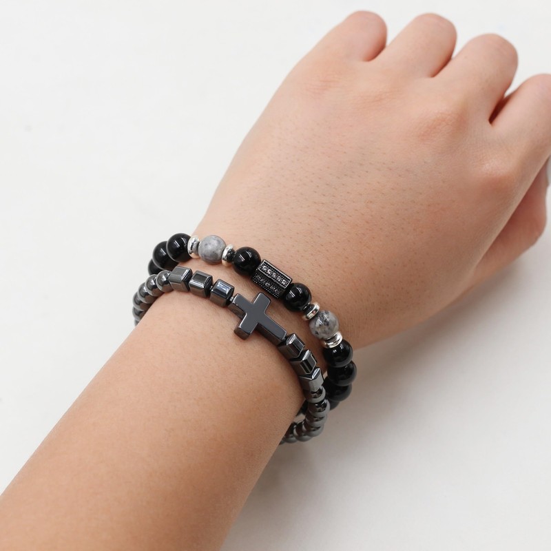 Tobestu 2Pcs Black Obsidian and Hematite Bead Bracelets - Christian