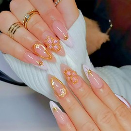 JONKASIPA 24 Pcs Press On Nails Almond - Press On Nails with 3D Flower Gold Lines Design,White Tip False Nails,Pink French Medium Fake Nails,Gold Swirl Stick On Nails for Women