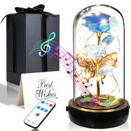 Birthday Rose Flower Gifts for Women, Glass Flower Gift for Mom from Daughter Son, Colorful Green Light Up Rose in Glass Dome with Music Box for Her Wife Grandma