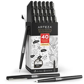 Arteza Permanent Markers, 40 Black Pens, 2-mm Line, 4.2-mm Ultra-Fine Tip, Quick-Drying, Water Resistant, for Calligraphy and Note Taking