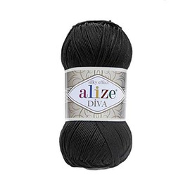 Alize Diva Silky Effect 100% Microfiber Acrylic Yarn Thread Crochet Art Lace Craft Lot of 2 skeins, Each Skein 100g 350m - 60 Black