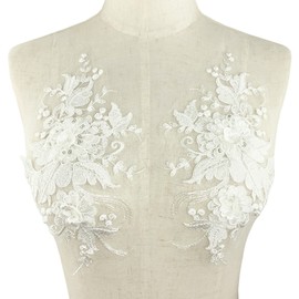 BETITETO 3D Flower Lace Appliques 1 Pair White Embroidered Floral Sew on Embroidery Patches for Wedding Bridal Dress Gown Clothing Bodice Craft DIY (#2 Sequin Flower)
