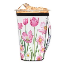 Reusable Iced Coffee Sleeve Flower Pink Beautiful With Handle Neoprene Ice Insulator Coffee Cup Sleeves Cold or Hot Drink Holder Compatible medium 24-28 OZ for Coffee Cups Beverages Gift