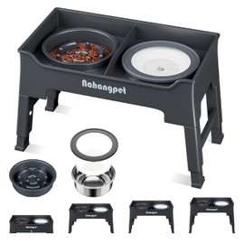 NAHANGPET 2-in-1 Elevated Dog Bowls, Mess-Proof Slow Feeder with No-Spill Water Bowl, 4 Height Adjustable, 2 Combination Options, Raised Bowl for Small, Medium & Large Dogs (Grey)