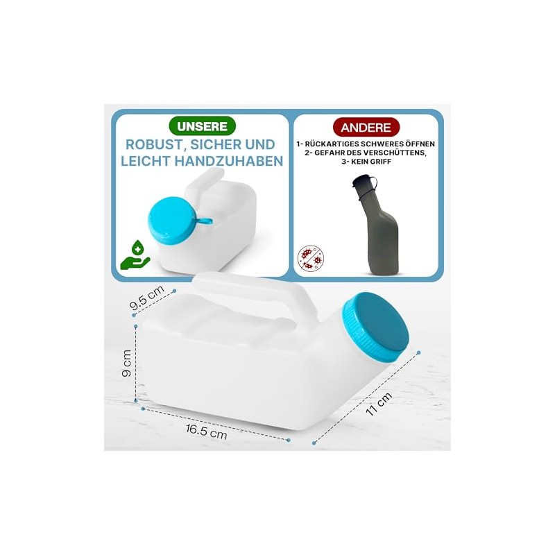 Leak-proof urine bottle for men made of solid plastic including
