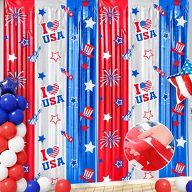 WovWeave 4th of July Decorations 2 Pack 3.3 x 6.6 Ft Red White Blue Tinsel Foil Fringe Curtains America Star Firework Streamer Backdrop Photo Prop for Patriotic Independence Memorial Labor Day