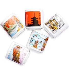 ＯＲＡＮＧＥ　ＡＰＲＯＮ Mino Ceramic Sake Cups [Made in Japan/Set of 5]: Featuring Kyoto's Iconic Landmarks through the Four Seasons in Gift Box