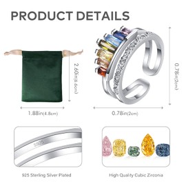 925 Sterling Silver Ring for Women, Solid Silver Romantic Rainbow Crown Opening Ring for Women Jewelry, with 5A Cubic Zirconia，Adjustable Size