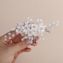 Teyglen Flower Bride Wedding Hair Comb Crystal Bridal Side Comb Opal Rhinestone Pearl Hair Piece Leaf Flower Headpiece Floral Hair Accessories for Women (Opal)