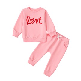 NEVUQO Toddler Newborn Baby Girl Valentines Day Outfit Pink Love Sweatshirt Jogger Pants Set Cute Infant Clothes Tracksuit (Pink, 9-12 Months)