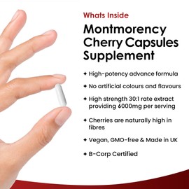 Montmorency Cherry 6000mg - 120 Capsules High Strength Concentrate - Natural Tart Cherry Vegan Supplements (not Tablets or Powder) - Non-GMO, 2 Months Supply - (2 per Serving) Made in The UK