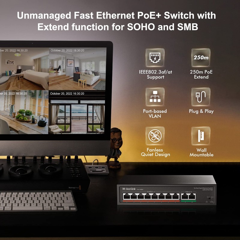 MokerLink 8 Port PoE Switch with 2 Gigabit Uplink, 802.3af/at
