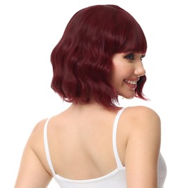 Rose bud Wavy Bob Wig with Bangs Natural Wine Red Wig Synthetic Hair Shoulder Length Short Curly Wigs for Women