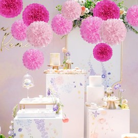 SUNBEAUTY Pack of 15 Tissue Paper Pompoms Pink Pompoms Decoration for Wedding Decoration Table Decoration Birthday Baby Shower Garden Party Decoration