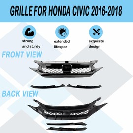 CABOHON Front Bumper Upper Grille For 2016-2018 Honda Civic Glossy Black Type R Style Grill