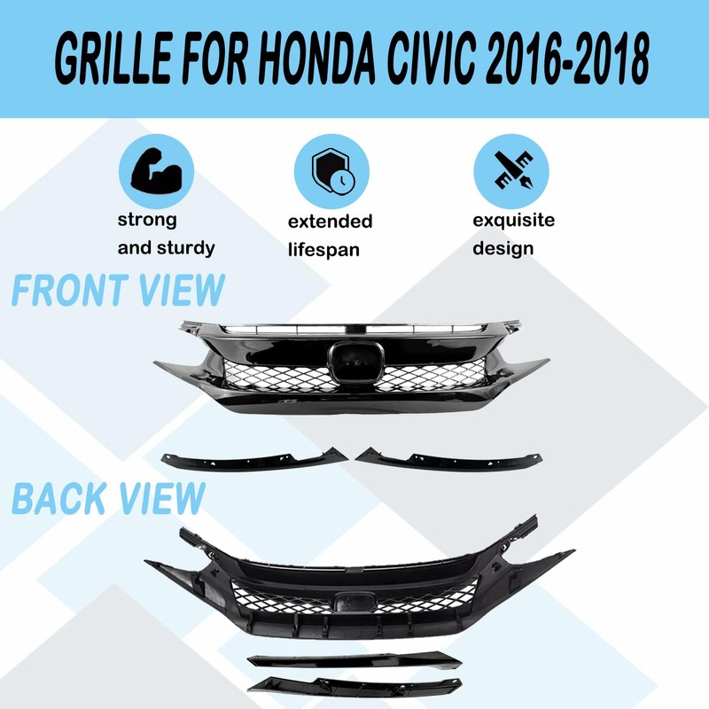 CABOHON Front Bumper Upper Grille For 2016-2018 Honda Civic Glossy
