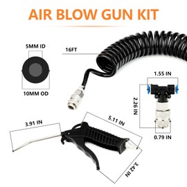 GASHER Air Blow Gun Kit with 16ft Long Pneumatic Pu Hose, Recoil Air Hose Heavy Duty Air Gun Cleaning Kit For Semi Truck