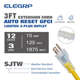 ELEGRP 15 Amp Auto Reset Inline GFCI Extension Cord 3ft 12/3 SJTW Heavy Duty Yellow Cable 3 Wires 3 Prongs Grounded Plug with 3 Electrical Power Outlets with LED Lighted, Broom Tail Design,UL Listed