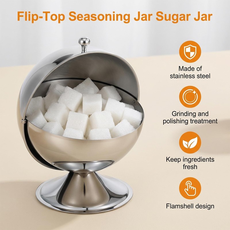 2 Pcs Stainless Steel Sugar Bowl with Roll Top, Stainless