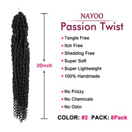 Passion Twist Hair - 8 Packs 20 Inch Passion Twist Crochet Hair For Black Women, Crochet Pretwisted Curly Hair Passion Twists Synthetic Braiding Hair Extensions (20 Inch 8 Packs, #2)