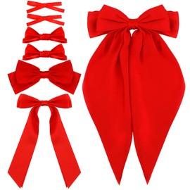 Ahoney 7 Pack Red Hair Bows - Silky Satin Clips With Long Tail, Multi Style French Ribbon Coquette Barrettes for Women and Girls