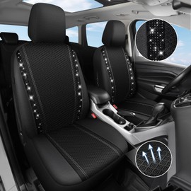 CAR PASS Mesh Bling Diamond Car Seat Cover 2 Front Interior Sets Lined Sponge, Breathable Universal Shining Glitter Sparkly Crystal Fit Armrest Automotive Truck SUV Cute Women Girl, Black Rhinestone