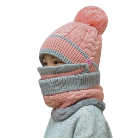 ITODA Kids Warm Beanie Hat with Circle Scarf Bobble Pom Crochet Knitted Hat Neck Warmer Girls Boys Fleece Lined Skull Cap Slouchy Cap Sets for Children 6-12 Years Old Pink