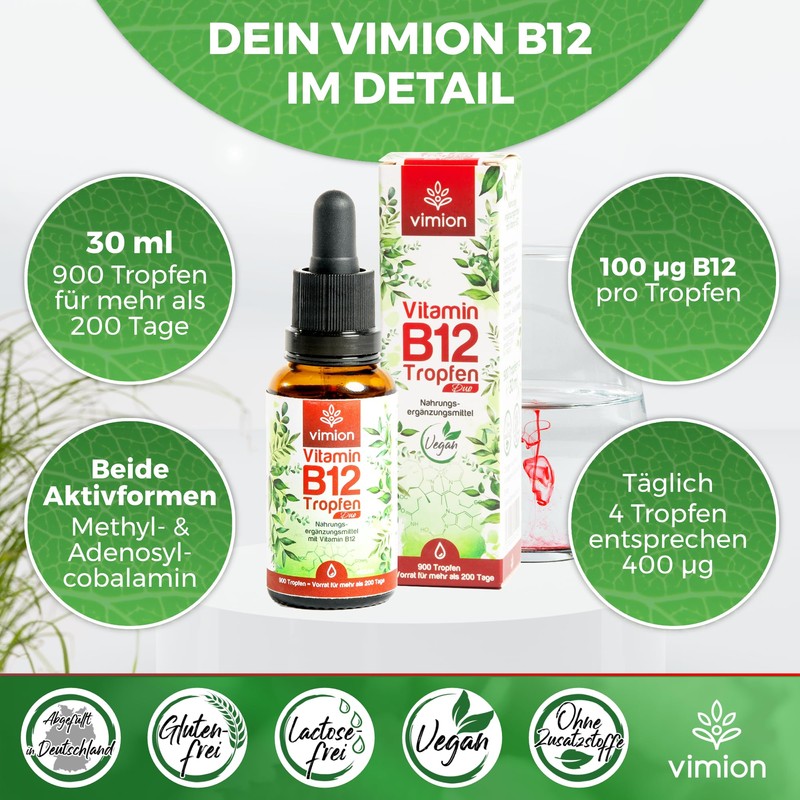 Vimion Vitamin B12 Drops, Alcohol-free, Bioactive B12 as Methylcobalamin and