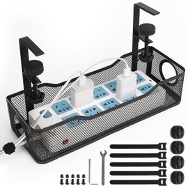 USUAUU Under Management Tray Kit No Drill, Metal Mesh Cable Management Under Desk Cable Tray with Clamp for Wire Management and Cord Organizer Cable Rack for Home Office Desk (Black)