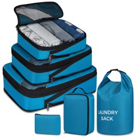 Organizador de Viaje para Maletas 6 Piezas, Organizadores de Viaje Impermeables, Cubos de Compresión para Equipaje de Mano con Cubos de Equipaje, Bolsa para Zapatos y Bolsa de Lavandería, Azul