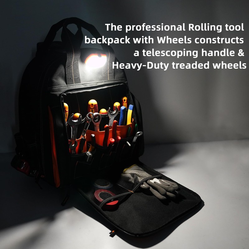MELOTOUGH LED-Light Rolling Tool bag with Telescoping Handle Heavy Duty