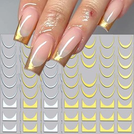 4 Sheets French Tip Nail Stickers for Women Gold Silver Wave Line Curve Tips Nail Art Stickers French Nail Sticker 3D Stripe Lines Tip Sticker Nails Design Nail Decor Nails Accessories for Nail Art