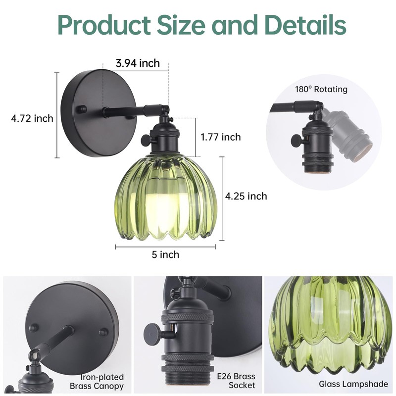 Shenmoyl Vintage Battery Operated Wall Sconce with Green Tulip Glass