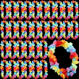 Sherr 24 Pcs LED Leis Light Up Wedding Hawaiian Leis Flower Necklace Hawaiian Leis with LED Lights Beach Tropical Carnival Party Wedding Supplies Luau Leis for Masquerade（Rainbow Colors）