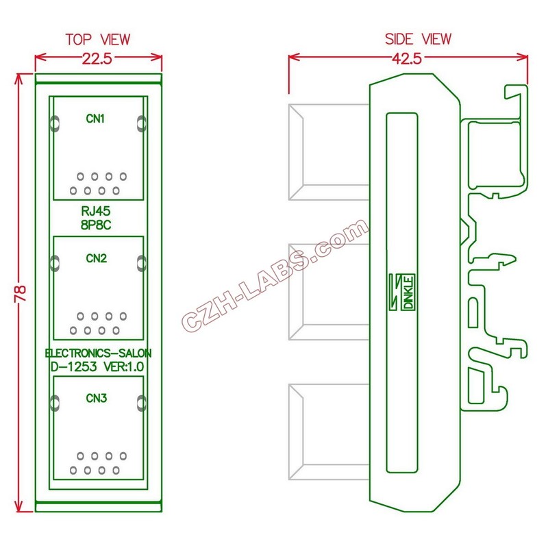 Electronics-Salon Slim DIN Rail Mount RJ45 8P8C 3 Jacks Splitter
